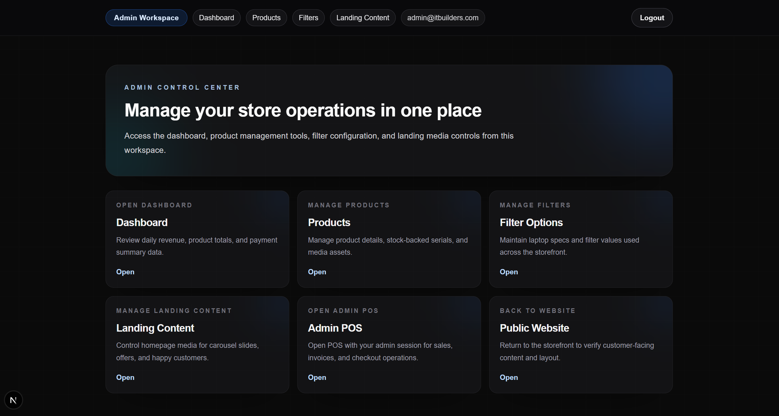 Admin control center dashboard for the ITLab retail platform
